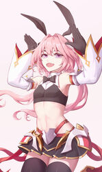  1boy astolfo_(fate) astolfo_(saber)_(fate) bare_shoulders black_bow black_gloves black_ribbon black_skirt black_thighhighs blush bow bowtie chinese_commentary commentary_request crop_top detached_sleeves fate/grand_order fate_(series) gloves hair_intakes hair_ribbon hairbow highres ling_huanxiang long_hair long_sleeves looking_at_viewer male_focus midriff multicolored_hair oerba_yun_fang otoko_no_ko pink_hair purple_eyes ribbon simple_background skin_fang skirt smile solo streaked_hair thighhighs twintails white_background white_hair zettai_ryouiki 