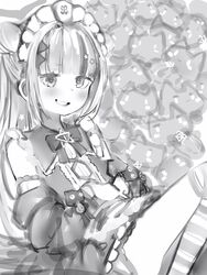  bad_id bad_pixiv_id bow bowtie character_doll detached_sleeves female greyscale grin hair_bun highres hololive long_hair looking_at_viewer maid_headdress monochrome multicolored_hair murasaki_shion murasaki_shion_(magical_girl_maid) nanashi_(nlo) official_alternate_costume reclining shiokko_(murasaki_shion) single_hair_bun single_side_bun smile smug solo streaked_hair striped_clothes striped_thighhighs thighhighs virtual_youtuber 