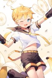  1boy arms_up artist_name azit_(down) banana banana_slice black_footwear black_sailor_collar black_shorts blonde_hair blue_eyes blush boots clothes_lift commentary_request detached_sleeves food fruit highres jumping kagamine_len looking_at_viewer male_focus midriff motion_blur navel necktie one_eye_closed ponytail sailor_collar shirt shirt_lift shorts solo star_(symbol) star_in_eye symbol_in_eye vocaloid water_drop white_shirt yellow_necktie 