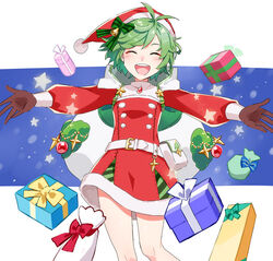  bell belt bow box brown_gloves closed_eyes female fire_emblem fire_emblem:_the_blazing_blade fire_emblem_heroes fur_trim gift gift_box gloves green_hair hat long_sleeves menoko nino_(fire_emblem) nino_(winter)_(fire_emblem) open_mouth pom_pom_(clothes) protected_link red_hat sack santa_costume santa_hat short_hair solo 