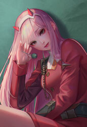  absurdres adjusting_hair bad_id bad_pixiv_id belt breasts buttons candy chains chromatic_aberration commentary darling_in_the_franxx eyelashes eyeshadow female fingernails food green_background green_eyes hairband hand_up head_tilt high_collar highres holding holding_candy holding_food holding_lollipop horns jacket lips lollipop long_hair long_sleeves looking_at_viewer makeup medium_breasts micat nail_polish necktie oni_horns orange_necktie photoshop_(medium) pink_hair red_horns red_jacket red_lips sidelocks sitting solo thighs uniform very_long_hair white_hairband zero_two_(darling_in_the_franxx) 