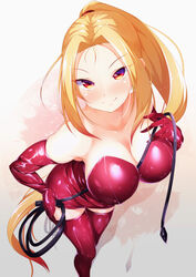  bare_shoulders blonde_hair breasts cleavage closed_mouth collarbone commentary_request dress elbow_gloves female gloves holding large_breasts long_hair looking_at_viewer ponytail red_dress red_gloves short_dress shynesslady smile solo star_ocean star_ocean_the_second_story strapless to_kifa very_long_hair whip 