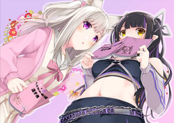  2girls animare belt black_hair black_skirt black_tube_top blunt_bangs blush book bow bowtie breasts clothing_cutout commentary_request cowboy_shot demon_girl demon_horns frilled_bowtie holding holding_book horns jacket jewelry kojo_anna kojo_anna_(2nd_costume) lace_trim long_hair long_sleeves looking_at_viewer looking_down loose_belt medium_breasts midriff multicolored_hair multiple_girls nanashi_inc. navel official_alternate_costume open_mouth pink_background pink_bow pink_bowtie pink_jacket platinum_blonde_hair pointy_ears purple_belt purple_eyes purple_hair ring russian_text sch shiromiya_mimi shoulder_cutout shrug_(clothing) skirt strapless sugar_lyric tube_top twintails two-tone_hair virtual_youtuber white_jacket yellow_eyes 