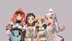  4girls absurdres apex_legends black_hair blonde_hair braid breasts brown_tank_top cleavage cosplay cropped_jacket double_bun english_commentary fingerless_gloves gibraltar_(apex_legends) gibraltar_(apex_legends)_(cosplay) gloves grey_gloves grey_hair grey_jacket hair_bun hair_horns hanamiya_unagi highres horizon_(apex_legends) horizon_(apex_legends)_(cosplay) indie_virtual_youtuber jacket k01_829 lifeline_(apex_legends) lifeline_(apex_legends)_(cosplay) loba_(apex_legends) loba_(apex_legends)_(cosplay) long_hair looking_at_viewer looking_up mimishima_pyon multicolored_hair multiple_girls open_hand orange_eyes orange_hair pink_hair red_eyes rittan_(vtuber) shimotori_rico smile spacesuit streaked_hair tank_top twin_braids virtual_youtuber 