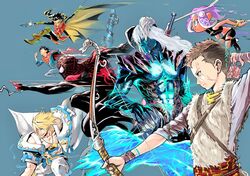  6+boys alternate_form animification atreus batman_(series) blonde_hair bodysuit brown_hair cape commentary crossover damian_wayne dc_comics demon_boy devil_may_cry_(series) devil_may_cry_5 domino_mask eyepatch god_of_war grappling_hook guilty_gear guilty_gear_xrd hair_over_eyes jonathan_kent long_hair marvel mask miles_morales multiple_boys multiple_crossover nanbaba nero_(devil_may_cry) octoling octoling_player_character robin_(dc) runes scar sin_kiske speed_lines spider-man_(miles_morales) spider-man_(series) splatoon_(series) splatoon_2 splatoon_2:_octo_expansion superboy superhero_costume superman_(series) tentacle_hair trait_connection white_hair 