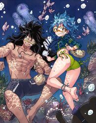  1boy abs air_bubble animal anklet ass barefoot bead_bracelet beads black_hair blue_background blue_hair blue_male_swimwear bracelet breasts bubble chin_piercing diving diving_mask fairy_tail feline female fish freediving gajeel_redfox goggles grin holding jellyfish jewelry levy_mcgarden long_hair male_swimwear muscular muscular_male necklace pantherlily pectorals rusky small_breasts smile teeth trefoil underwater 