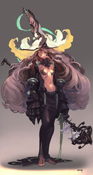  armor bad_id bad_pixiv_id barefoot big_hair brown_eyes brown_hair dress female flower flower_hat gauntlets gem hair_between_eyes hat highres holding holding_flower holding_staff lily_(flower) nishiki_areku original signature solo sparkle staff standing turtleneck white_flower white_lily witch_hat 