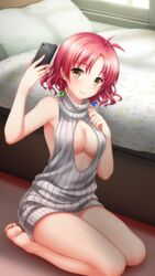  antenna_hair barefoot bed bedroom braid breasts brown_eyes cellphone cleavage cleavage_cutout closed_mouth clothing_cutout doukyuusei_another_world dress female full_body game_cg grey_sweater hair_between_eyes hair_ornament holding holding_phone indoors kakyuusei_2 kneeling legs medium_breasts meme_attire mole mole_under_mouth panties pantyshot phone pillow red_hair ribbed_sweater selfie shiny_skin short_dress short_hair smartphone smile soles solo sweater sweater_dress turtleneck turtleneck_sweater twin_braids underwear vest virgin_killer_sweater wakai_misaki white_panties 