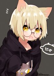  :o animal_ears animal_print black_hoodie blonde_hair cat_ears cat_hoodie_girl_(tsubaki_tsubara) cat_print female glasses grey_background hood hoodie oerba_yun_fang open_mouth original round_eyewear short_hair skin_fang slit_pupils tsubaki_tsubaru yellow_eyes 