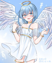  1boy ansatsu_kyoushitsu bangle blue_eyes blue_hair blush bracelet choker collarbone crossdressing detached_sleeves feathered_wings feathers halo jewelry long_hair looking_at_viewer male_focus open_mouth otoko_no_ko shiota_nagisa simple_background skirt smile solo tenten_(kitty) wings 