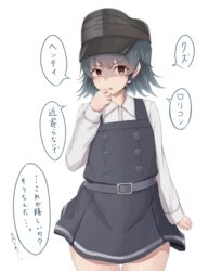  88942731ne arare_(kancolle) arare_kai_ni_(kancolle) belt brown_eyes collared_shirt commentary_request dress eyelashes female grey_belt grey_hair hat highres kantai_collection long_sleeves pinafore_dress shirt short_hair sleeveless sleeveless_dress solo translated white_background white_shirt 