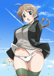  ahoge ass_visible_through_thighs blue_eyes bow bow_panties braid breasts brown_hair cameltoe commentary_request covered_nipples female large_breasts long_hair looking_at_viewer lynette_bishop minpei_ichigo multicolored_clothes multicolored_legwear no_pants open_mouth panties shiny_skin single_braid solo standing strike_witches striped_clothes striped_thighhighs sweater_vest thigh_gap thighhighs underwear white_panties world_witches_series 