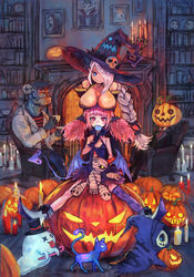  2boys 2girls absurdres animal_print asymmetrical_legwear bare_shoulders bat_print blue_eyes blush blush_stickers book bookshelf braid breast_rest breasts candelabra candle candlestand candy chair closed_mouth commentary_request cup demon_tail demon_wings eating feline fire fireplace food formal ghost hair_over_one_eye halloween hat highres holding holding_candy holding_cup holding_food holding_lollipop holding_pumpkin holding_vegetable horns jack-o&#039;-lantern large_hat lollipop long_hair mini_wings mismatched_legwear multiple_boys multiple_girls mummy original partial_commentary photo_(object) pink_eyes pink_hair pumpkin purple_legwear sabamiso_taro sitting standing suit tail teacup tongue tongue_out twintails vegetable white_hair wings witch witch_hat yellow_eyes 