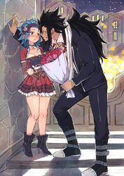  1boy alternate_costume black_choker black_hair black_jacket black_pants blue_hair blush bouquet breasts choker cleavage collarbone dating dress earrings face-to-face fairy_tail feline female flower gajeel_redfox grin height_difference high_heels highres holding holding_bouquet holding_flower jacket jewelry kabedon levy_mcgarden long_hair long_neck medium_hair night night_sky outdoors pantherlily pants piercing pink_flower red_dress red_flower rusky shoes sky small_breasts smile standing star_(sky) starry_sky teeth town 