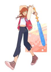  boybun female green_eyes highres jacket keyblade kingdom_hearts letterman_jacket looking_at_viewer olette pants red_hair shirt shoes short_hair simple_background smile solo white_shirt 