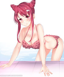  bent_over bikini blush breasts cleavage collarbone commentary_request cowboy_shot double_bun female frilled_bikini frills hair_bun hair_ornament highres looking_at_viewer mayama_asaka medium_breasts okamired ore_wo_suki_nano_wa_omae_dake_ka_yo pool poolside red_eyes red_hair sidelocks solo swimsuit watermark web_address 