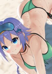  azur_lane bikini blue_eyes bow breasts female green_bikini hair_ornament hairbow halterneck large_breasts long_hair looking_at_viewer navel nicoloso_da_recco_(azur_lane) nicoloso_da_recco_(to_a_smashing_voyage!)_(azur_lane) official_alternate_costume ootani_nonno outdoors purple_hair side-tie_bikini_bottom skindentation smile solo star_(symbol) string_bikini sweat swimsuit thigh_strap 