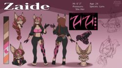  2022 4_toes 5_fingers anthro braided_hair breasts brown_hair clothed clothing digital_media_(artwork) ear_piercing feet felid feline female fingers hair kittydee lynx mammal midriff model_sheet navel piercing pink_eyes smile solo toes zaide_(ashkelling) 