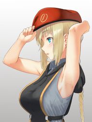  adjusting_clothes adjusting_headwear armpit_focus armpits bare_shoulders beret blonde_hair blue_eyes braid braided_ponytail breasts collared_shirt commentary female from_side girls&#039;_frontline gradient_background grey_background hat hood hood_down large_breasts long_hair mg3_(girls&#039;_frontline) red_hat shirt sidelocks sleeveless sleeveless_shirt solo touko_(kira2yue) upper_body 