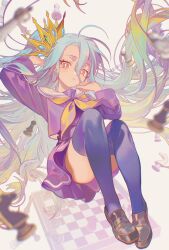  :< ahoge aqua_hair black_thighhighs bright_pupils brown_shoes chess_piece chessboard closed_mouth commentary crown female film_grain floating full_body hair_between_eyes highres loafers long_bangs long_hair long_sleeves neckerchief no_game_no_life orange_eyes pawn_(chess) pleated_skirt purple_serafuku purple_shirt purple_skirt sailor_collar school_uniform serafuku shiro_(no_game_no_life) shirt shoes skirt solo thighhighs untranslatable_commentary very_long_hair white_pupils white_sailor_collar wsfish8 yellow_neckerchief 