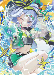  :q attacking_viewer bikini black_bikini black_hairband blush closed_mouth clothes_writing commentary_request cropped_jacket day dual_wielding female friend_characters grey_eyes grey_hair hair_ornament hairband highres hitodama holding holding_water_gun jacket konpaku_youmu konpaku_youmu_(ghost) looking_at_viewer midriff navel one_eye_closed open_clothes open_jacket sample_watermark smile solo swimsuit syuri22 thighs tongue tongue_out touhou water water_gun watermark 