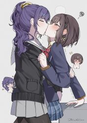  >_< 2girls asahina_mafuyu black_cardigan blue_skirt blush bow bowtie braid brown_eyes brown_hair cardigan closed_eyes commentary diagonal-striped_bow diagonal-striped_bowtie diagonal-striped_clothes forced_kiss french_kiss grey_skirt hair_ornament hair_scrunchie highres ioo_chan kamiyama_high_school_uniform_(project_sekai) kissing long_hair medium_hair miyamasuzaka_girls'_academy_school_uniform multiple_girls pantyhose pleated_skirt ponytail project_sekai purple_hair red_bow red_bowtie sailor_collar school_uniform scrunchie shinonome_ena skirt squiggle striped_bow striped_bowtie striped_clothes twitter_username white_sailor_collar yuri 