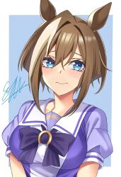  animal_ears blue_eyes blush bow bowtie breasts brown_hair cheval_grand_(umamusume) closed_mouth commentary_request female hair_between_eyes highres horse_ears horse_girl large_breasts looking_at_viewer multicolored_hair puffy_short_sleeves puffy_sleeves purple_bow purple_bowtie purple_shirt sailor_collar sailor_shirt school_uniform shirt short_sleeves shu_(syuh9029) solo streaked_hair summer_uniform tracen_school_uniform umamusume upper_body white_hair white_sailor_collar 
