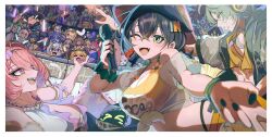  >_< :o ;o absurdres angels_of_delusion aria_(human)_(zenless_zone_zero) aria_(zenless_zone_zero) bangboo_(zenless_zone_zero) belle_(summer_skies)_(zenless_zone_zero) belle_(zenless_zone_zero) bikini blue_archive border breasts bucket_hat character_request clothes_writing commentary_request crowd eous_(zenless_zone_zero) glowstick green_eyes grey_hair hat headphones highres holding holding_glowstick holding_microphone large_breasts looking_at_viewer microphone nangong_yu one-piece_swimsuit one_eye_closed orange_bikini pink_hair purple_eyes remielle_dan remielle_dan_(seashade_pas_seul) see-through_clothes see-through_shirt shirt short_hair sunna_(zenless_zone_zero) swimsuit tied_shirt white_border white_one-piece_swimsuit white_wings wings wise_(peaceful_waves)_(zenless_zone_zero) wise_(zenless_zone_zero) yama_kabosu ye_shunguang zenless_zone_zero 