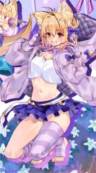  animal_ear_fluff animal_ears antenna_hair arcueid_brunestud belt blonde_hair blue_bow blue_flower blue_moon blue_skirt blush bow breasts cat_ears cat_girl cleavage commentary_request crescent crescent_hair_ornament crop_top fate/grand_order fate_(series) female field fingerless_gloves floating floating_clothes floating_hair flower flower_field full_body gloves gold_trim grin hair_between_eyes hair_ornament hairbow hairclip hands_on_headphones headphones headset highres hood hoodie kandatu leg_lift leg_warmers looking_at_viewer midair miniskirt moon navel no_shoes open_clothes open_hoodie phantas-moon phantas-moon_(second_ascension) plaid_clothes plaid_skirt purple_gloves purple_hoodie purple_leg_warmers purple_thighhighs red_eyes shirt sidelocks simple_background single_hair_intake skirt smile solo striped_clothes striped_gloves striped_thighhighs thighhighs thighs toes white_belt white_shirt 