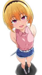  absurdres arms_behind_back belt black_hairband blonde_hair breasts commentary_request denim denim_shorts female from_above hairband highres higurashi_no_naku_koro_ni holding holding_knife houjou_satoko knife looking_up maru_(asroc7233) open_mouth pink_shirt purple_eyes shirt short_hair shorts simple_background sleeveless sleeveless_shirt smile solo white_background white_belt 