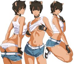  absurdres animal_ear_fluff animal_ears ass belt brown_eyes clothes_lift collar commentary covering_breasts covering_privates dark-skinned_female dark_skin denim denim_shorts english_commentary finger_to_mouth fingerless_gloves gloves highres kneeling lifting_own_clothes midriff multiple_views original panties shiren_(ourboy83) shirt_lift shoes short_hair shorts simple_background sneakers tank_top thighs tomboy underwear undressing white_belt white_panties white_tank_top 