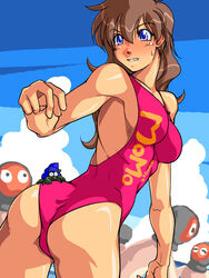  arikawa ass back_view beach crab determined kanda_momo people_in_background red_swimsuit swimsuit swimwear turning_around wonder_momo 