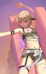  :p absurdres arm_strap armpits belt black_collar black_sports_bra blonde_hair collar commentary couch detached_sleeves english_commentary female flat_chest half-skirt highres hololive hololive_dev_is long_hair looking_at_viewer lying multicolored_hair navel official_alternate_costume official_alternate_hairstyle on_couch paid_reward_available panty_straps pendant_collar purple_eyes purple_hair purple_streaks s_aeho see-through_clothes see-through_sleeves short_shorts shorts single_detached_sleeve solo sports_bra star_pendant stomach streaked_hair thigh_strap todoroki_hajime todoroki_hajime_(black_aurora) tongue tongue_out torn_clothes torn_shorts two_side_up virtual_youtuber white_belt 