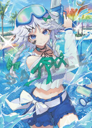  alternate_costume belt bikini bikini_shorts black_ribbon blue_bikini blue_eyes blue_shorts blue_sky braid choker closed_mouth cloud commentary_request day female friend_characters goggles goggles_on_head grey_hair hair_ornament highres holding holding_water_gun izayoi_sakuya long_sleeves looking_at_viewer midriff navel ocean outdoors pocket_watch pool ribbon ribbon_choker sample_watermark see-through_clothes see-through_shirt shirt shorts sky smile solo swim_goggles swimsuit syuri22 thighs touhou tree twin_braids wading watch water water_gun watermark white_belt white_shirt 