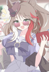  absurdres animal_ears arnolddayo bow bowtie breasts brown_hair commentary_request ears_through_headwear fedora female forever_young_(umamusume) green_eyes hat highres holding horse_ears horse_girl large_breasts long_hair looking_at_viewer multicolored_hair oerba_yun_fang open_mouth pleated_skirt puffy_short_sleeves puffy_sleeves purple-tinted_eyewear purple_bow purple_bowtie purple_shirt red-tinted_eyewear red_streaks sailor_collar sailor_shirt school_uniform shirt short_sleeves skirt smile solo streaked_hair summer_uniform sunglasses tinted_eyewear tracen_school_uniform umamusume white_sailor_collar white_skirt white_streaks 