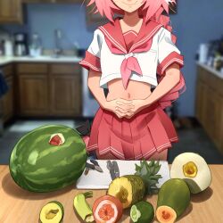  1boy absurdres after_sex astolfo_(fate) cutting_board fate_(series) food fruit highres khyle. kitchen kitchen_knife knife midriff otoko_no_ko pink_hair short_hair skirt smile solo 