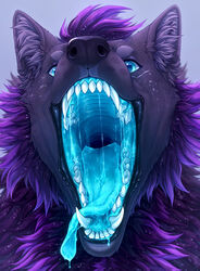  anthro blue_eyes blue_mouth canine cheek_tuft chest_tuft ear_tuft furry_ears glowing_mouth head_tuft imminent_fellatio imminent_vore implied maw mawshot mouth neck_tuft open_mouth purple_fur razz saliva shinyumbra solo teeth tongue_out vore wolf 