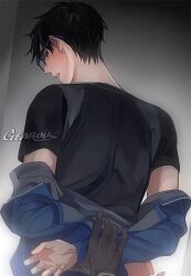  2boys arms_behind_back artist_name black_gloves black_hair black_shirt blue-framed_eyewear blue_jacket blush brown_eyes clenched_teeth fingernails from_behind gearous glasses gloves gradient_background grey_background half-closed_eyes jacket katsuki_yuuri long_sleeves looking_at_viewer looking_back male_focus multiple_boys nape off_shoulder out_of_frame parted_lips pov pov_hands profile shirt short_hair short_sleeves simple_background solo_focus teeth track_jacket undressing upper_body viktor_nikiforov yaoi yuri!!!_on_ice 