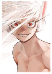  absurdres animal_ears boku_no_hero_academia border breasts collarbone commentary_request dark-skinned_female dark_skin female floating_hair hair_between_eyes highres horikoshi_kouhei large_breasts long_eyelashes long_hair looking_at_viewer mirko nude out-of-frame_censoring rabbit_ears rabbit_girl red_eyes smile solo straight-on toned toned_female upper_body white_border white_hair 