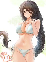  agedashi_doufu_mk23 arm_behind_back artist_logo bikini black_hair braid breasts brown_eyes commentary_request female groin halterneck highres large_breasts logo long_hair looking_at_viewer navel original side-tie_bikini_bottom solo swimsuit very_long_hair white_bikini 