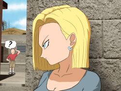  1other 2boys against_wall android_18 animated animated blonde_hair blue_eyes blue_shirt blue_sky breasts brown_shorts chuchozepa cleavage closed_mouth commentary dragon_ball dragon_ball_z earrings english_commentary female hair_behind_ear implied_prostitution jewelry kuririn looking_at_viewer medium_hair money multiple_boys outdoors red_shirt sandals shirt short_sleeves shorts sky smile socks speech_bubble white_socks 
