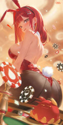  ! @_@ absurdres akane_lize animal_ear_hairband animal_ears armpit_crease ass back backless_leotard black_eyes black_hairband black_pantyhose blonde_streaks blush breasts commentary creature cross cross_earrings earrings fake_animal_ears fake_tail female from_behind hair_intakes hair_ornament hairband hairclip highres jewelry large_breasts leotard long_hair looking_at_viewer looking_back looking_down mole mole_under_eye multicolored_hair open_mouth ozeo0510 pantyhose pienna_(akane_lize) poker_chip rabbit_ear_hairband rabbit_ears rabbit_tail raised_inner_eyebrows red_hair red_leotard roulette_table sitting solo stellive straight_hair strapless strapless_leotard streaked_hair sweat table tail untranslatable_commentary virtual_youtuber wavy_mouth 