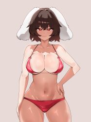  :3 absurdres aged_up alternate_breast_size_(larger) animal_ears bikini blush breasts brown_hair cleavage collarbone commentary_request cowboy_shot female groin hand_on_own_hip highres inaba_tewi korean_commentary large_breasts looking_at_viewer navel pink_bikini rabbit_ears ranguiri red_eyes short_hair smile smug solo standing stomach strap_gap swimsuit touhou 