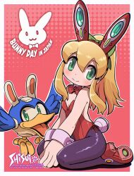  alternate_costume android animal_ears beat_(mega_man) black_pantyhose blonde_hair blush border bow bunny_day closed_mouth commentary_request detached_collar english_text fake_animal_ears female full_body green_bow green_eyes hairbow highres leotard long_hair long_sidelocks looking_at_viewer mega_man_(classic) mega_man_(series) non-humanoid_robot outline outside_border own_hands_together pantyhose playboy_bunny rabbit_ears red_background red_leotard red_shoes robot robot_animal robot_bird roll_(mega_man) seiza shisui shoes sidelocks sitting smile strapless strapless_leotard white_border white_outline wrist_cuffs 