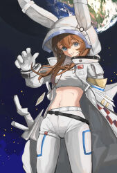  absurdres amiya_(arknights) amiya_(guard)_(arknights) amiya_(guard)_(touch_the_stars)_(arknights) animal_ears animal_hood arknights blue_eyes breasts brown_hair cropped_shirt earth_(planet) female gloves highres hirachill16 hood hood_up hooded_jacket id_card jacket looking_at_viewer medium_breasts official_alternate_costume open_clothes open_jacket pants planet rabbit_ears rabbit_girl rabbit_hood scabbard sheath shirt sidelocks smile solo space stomach white_gloves white_jacket white_pants white_shirt 