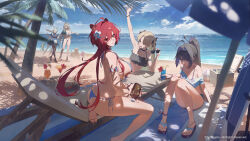  5girls absurdres ahoge animal_ears apron arabella_(chaos_zero_nightmare) arm_strap ball baseball_bat beach beach_towel beachball bikini bikini_under_clothes black_bikini black_bow black_choker black_dress black_hair black_pantyhose black_shoes blonde_hair blue_bikini blue_choker blunt_bangs blurry blurry_foreground bottle bow bracelet breasts chair chaos_zero_nightmare choker closed_eyes cloud cloudy_sky collarbone commentary_request cooler copyright_notice cup dress drinking_glass drinking_straw english_text flower flower_armlet food fruit full_body green_eyes green_hair hair_between_eyes hair_flower hair_intakes hair_ornament heidemarie_(chaos_zero_nightmare) high_heels high_ponytail highres hilde_(chaos_zero_nightmare) holding holding_baseball_bat holding_bottle holding_cup holding_food holding_fruit holding_removed_eyewear jewelry korean_commentary large_breasts lens_flare long_hair looking_at_viewer looking_back lounge_chair maid_apron medium_breasts multicolored_hair multiple_girls necklace ocean official_alternate_costume olga_(chaos_zero_nightmare) open_mouth orange_(fruit) orange_slice outdoors palm_tree pantyhose parted_bangs pointing ponytail purple_bikini purple_eyes purple_streaks red_eyes red_flower red_hair red_nails sand sand_castle sand_sculpture sandals sereniel_(chaos_zero_nightmare) shoes shovel side-tie_bikini_bottom sideboob sitting sky smile standing streaked_hair surfboard swimsuit towel tree twintails untied_bikini_top unworn_eyewear very_long_hair walking watermelon waving white_flower wrist_cuffs x_hair_ornament yyydddd0 