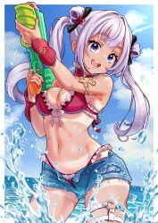  :d absurdres armlet atelierorca bare_shoulders bikini black_ribbon blue_eyes blue_sky border breasts cleavage cloud commentary_request cowboy_shot day denim denim_shorts detached_collar detached_sleeves double_bun female frilled_bikini frills groin hair_bun hair_intakes hair_ribbon hands_up heart heart_o-ring highres holding holding_water_gun indie_virtual_youtuber jewelry large_breasts long_hair looking_at_viewer navel o-ring ocean open_fly open_mouth outdoors purple_hair red_bikini red_nails ribbon short_shorts shorts sidelocks sky smile solo standing stomach summer swimsuit tan tanlines teeth tenshin_chao thigh_strap twintails variant_set virtual_youtuber water_gun white_border 