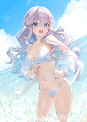  :d ahoge bare_shoulders bikini bikini_under_clothes blue_eyes blue_nails blue_sky breasts cleavage cloud commentary_request day dutch_angle female grey_hair hair_between_eyes hand_on_own_hip highres horizon jacket long_hair long_sleeves looking_at_viewer medium_breasts nail_polish navel ocean off_shoulder open_clothes open_jacket original outdoors puffy_long_sleeves puffy_sleeves puracotte signature sky smile solo standing swimsuit very_long_hair water white_bikini white_jacket 
