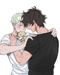  2boys al_(ahr) asuka_ryou black_shirt blush burger commentary devilman devilman_crybaby feeding food fudou_akira hand_on_another's_shoulder holding holding_burger holding_food male_focus multiple_boys pulling_another's_clothes shirt short_hair short_sleeves upper_body white_background white_shirt yaoi 