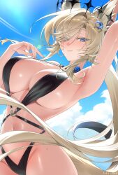  animal_ears arm_up armpits artist_name bare_arms bare_shoulders beach black_slingshot_swimsuit blonde_hair blue_eyes blue_flower blue_rose blue_sky breasts cat_ears cat_girl cat_tail cleavage closed_mouth cloud collarbone commentary crescent crescent_hair_ornament crown dated day eyes_visible_through_hair female floating_crown floating_hair flower full_cleavage groin hair_between_eyes hair_ornament hair_over_one_eye halterneck hand_up highres iseri_(meridian_project) large_breasts lens_flare light_particles long_hair looking_at_viewer meridian_project mole mole_on_thigh nail_polish navel outdoors pink_nails presenting_own_armpit rose sideboob sidelocks single_hair_intake sky slingshot_swimsuit smile solo standing star_(symbol) stomach sunlight sushih_(20) swimsuit tail thighs untranslatable_commentary very_long_hair virtual_youtuber 